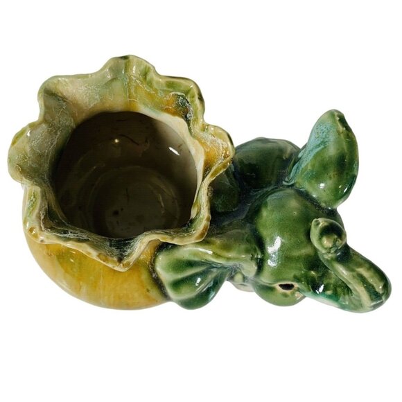 Majolica Glazed Elephant Planter Art Pottery VTG Succulent Ruffled Pot Vase Deco - Picture 6 of 13